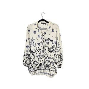 Zara Womens Floral Button Up Top Size XL White & Navy Preppy Career Cottagecore